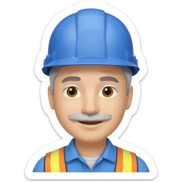 A man emoji with light skin, wearing a blue construction helmet, short gray hair on the sides, straight eyebrows, brown eyes, a small nose, and a thin short straight gray mustache above his smiling mouth. sticker