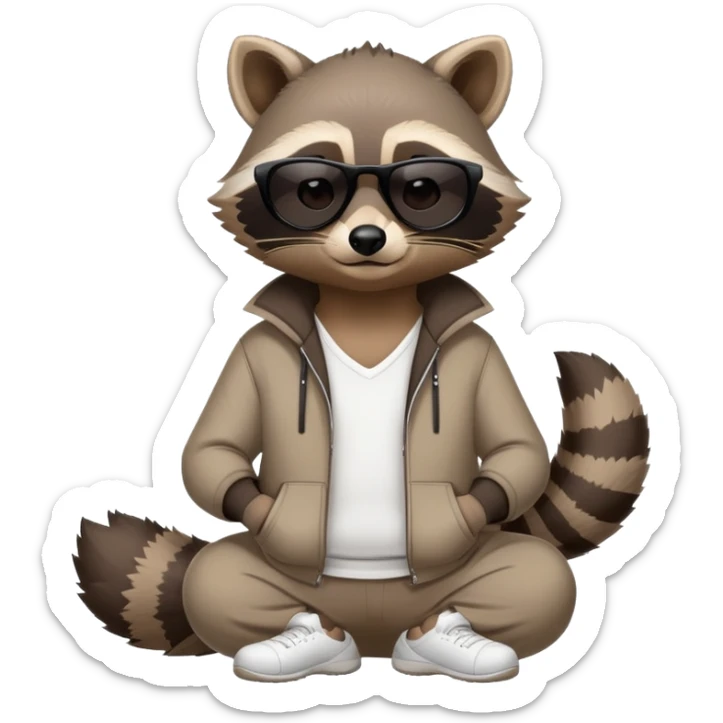 friendly anthropomorphised raccoon in sports wear, wearing dark sunglasses, relaxed pose, mafia style sticker
