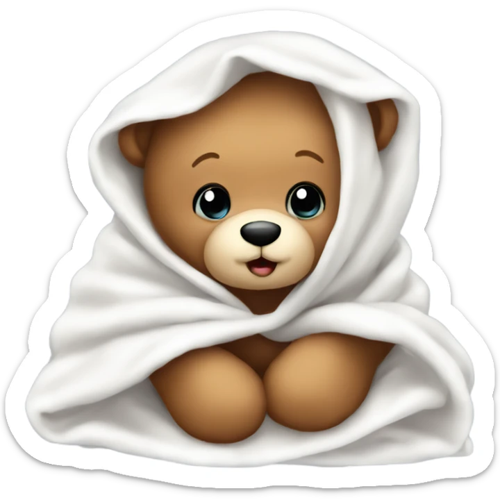 Cute cozy baby teddy bear in a white blanket sticker