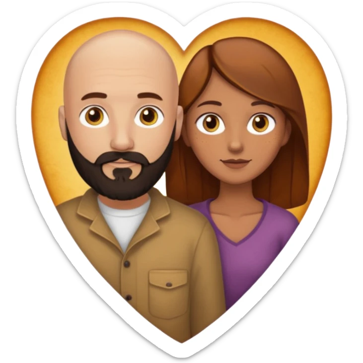 Couple. Bald man with dark brown-black beard. Woman with many small, faded freckles, white skin and she has auburn-yellow-brown-caramel-cinnamon dark hair. She has light yellow-brown eyes. The man have hazel eyes. They are inside a big heart. sticker