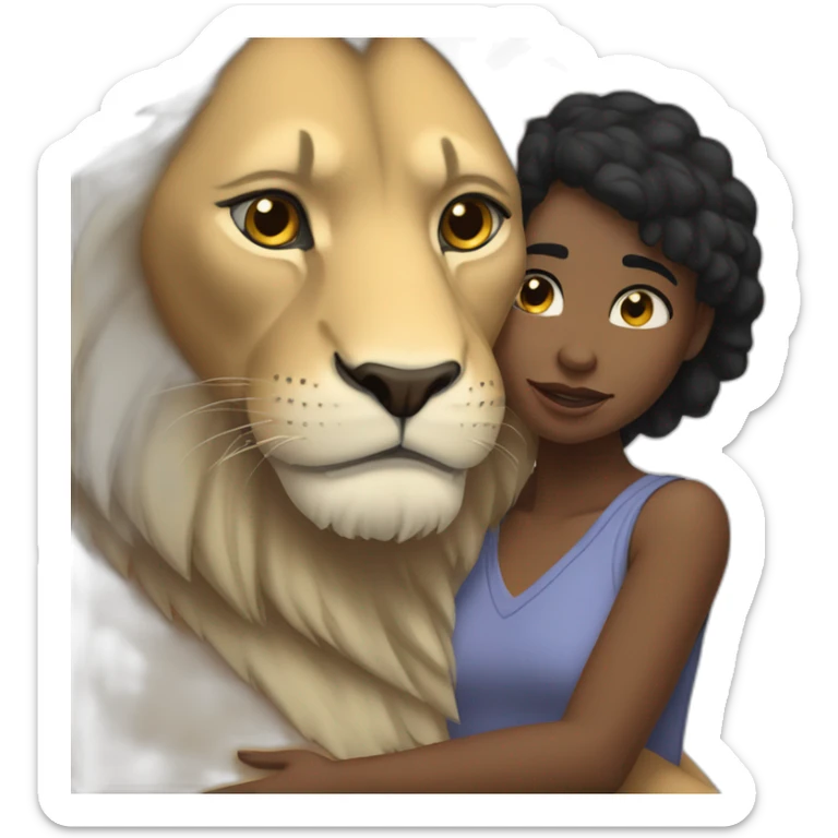 White skin black short hair girl hugged by big lion sticker