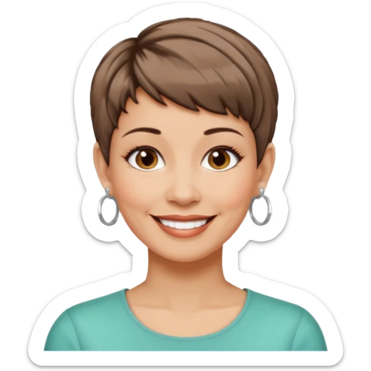 woman in her 50s, pixie cut brown hair, wearing hoop earrings, smiling sticker