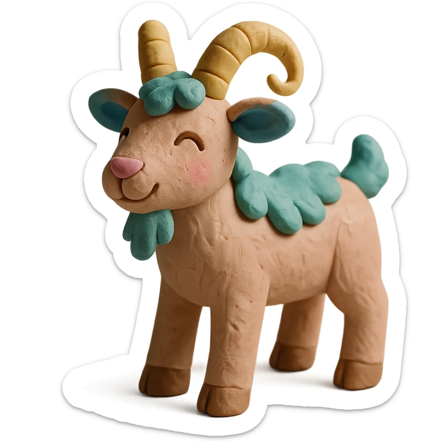 playful goat with curved horns, soft pastel colors, hand-molded details, claymation style sticker