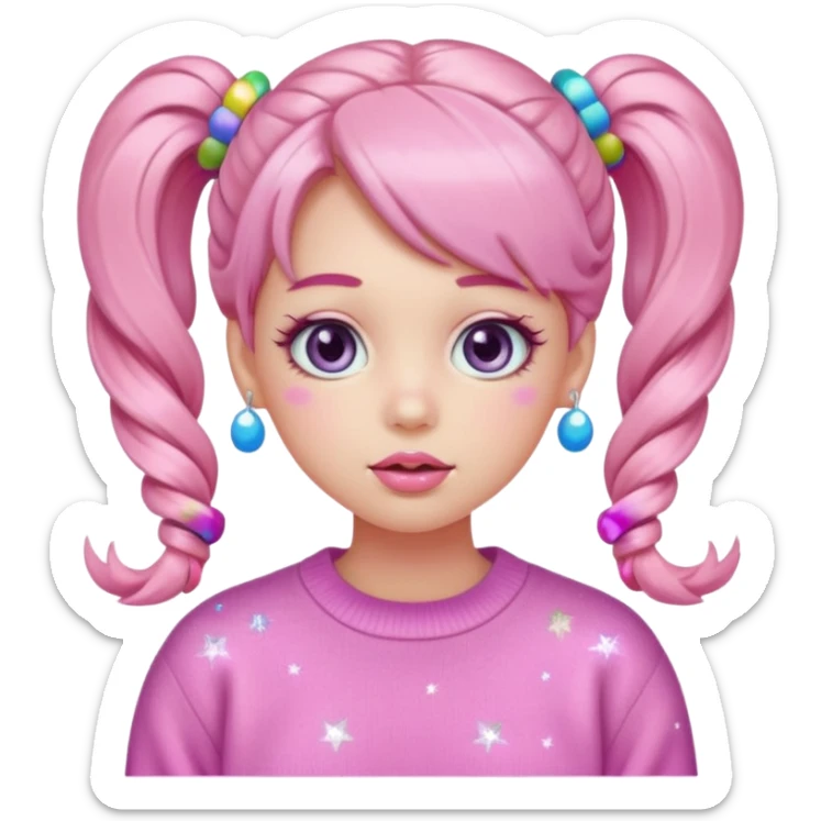 “Emoji girl, pastel pink blush, sparkly wide eyes, glossy bubblegum lips, hair in pigtails with colorful clips, oversized pastel sweater.” sticker