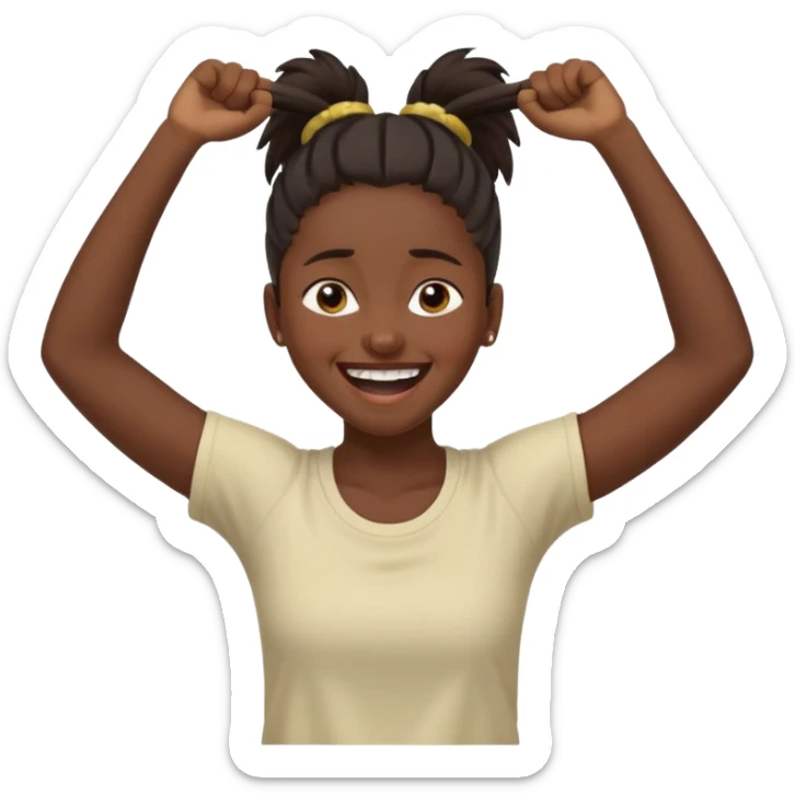 Baiza Ethiopian, dark hair Oldest but immature, no filter, funny Pose: laughing wildly, arms flailing age 21, hair in pony tail sticker