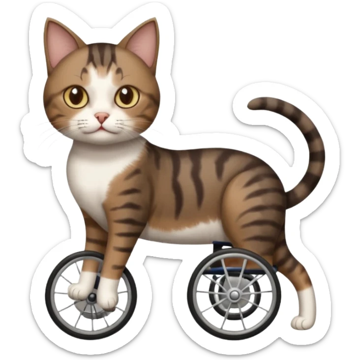 full body small short hair dark brown and white cat with hazel eyes walking in a wheelchair for cats sticker