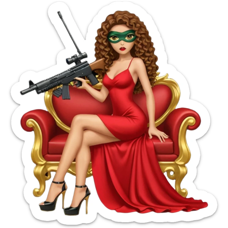 Drug dealer female green eyes symbol.  hair is brown curly long hair. sexy long with long red and black dress and face cover on that covers her mouth only. black stiletto platform high heels shoes on. Holding sniper rifle sitting on a gold throne. sticker