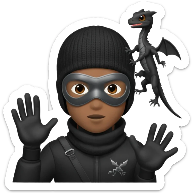 A young African male wearing a ski mask in full black clothing, holding a micro Draco in the air carelessly sticker