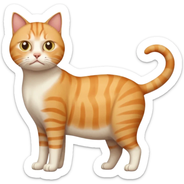 full body white, ginger and tabby cat with skinny head and fat body with an anxious face sticker