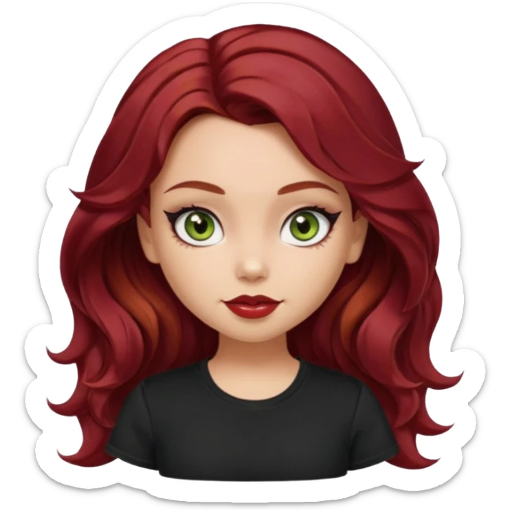 a pretty fair bratz girl with wavy dark red hair, wearing a black tee. eyeliner on, olive green eyes. Waist up sticker