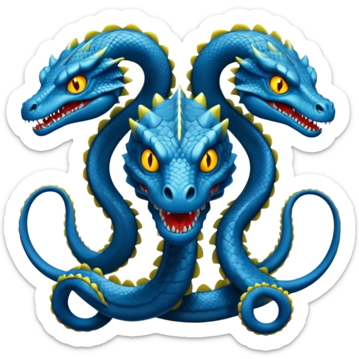 blue hydra, strong reptilian body, not like a snake,  with 3 serpent-like heads rising from its neck sticker