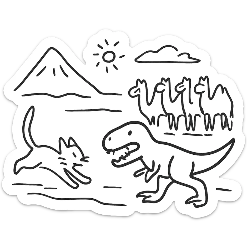A white cat chasing a T-Rex in the desert with a herd of camels staring at them sticker
