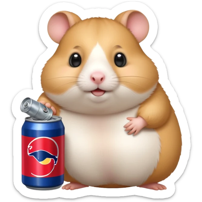 Funny cartoon-style fat hamster wide eyed with a can of redbull sticker