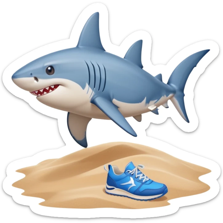 Gray shark that is wearing blue sneakers standing on the sand near a blue ocean  sticker