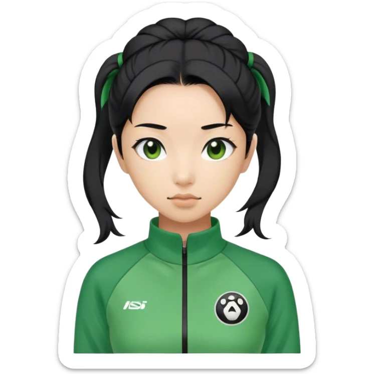 Cha: Age Late 40s
a Asian woman with black hair tie, Green player tracksuit sticker