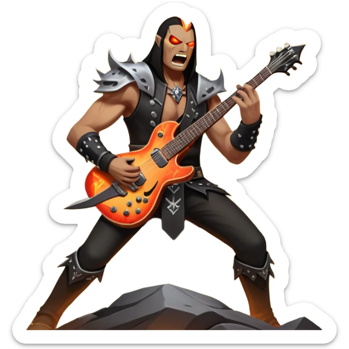 An icon showing a rock musician wielding a guitar in an epic battle, inspired by Brutal Legend. The design features fiery backgrounds, musical notes floating in the air, and electrifying stage lights, capturing the power of music and combat. Transparent background highlights the energy. sticker