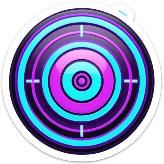 Futuristic glowing bullseye target emoji, neon purple and cyan holographic glow, dark background, digital tech style, abstract sparkles, no face. sticker