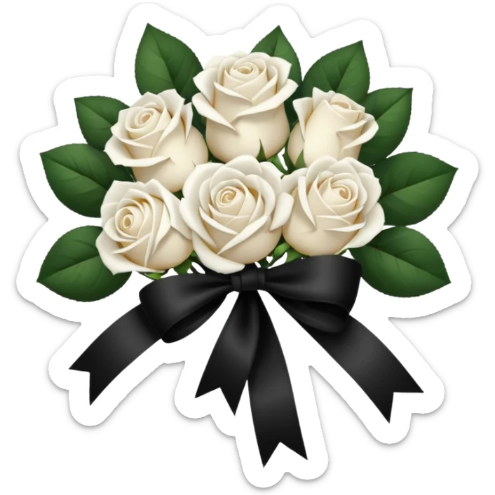 a bunch of white roses tied with a black velvet ribbon sticker