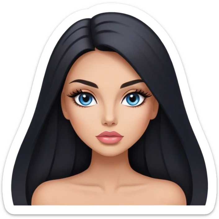 Glamours, tanned, very beautiful girl, with big pump peach-beige-rose lips, long long lashes, black straight smooth silky long hair, straight parting hair, blue-grey eyes in black clothes sticker