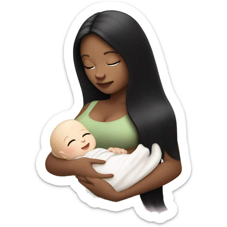 Pale girl with long black hair is holding a newborn baby with bottle milk  sticker