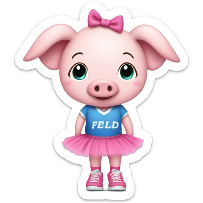 Female pig wearing pink socks with sneakers. She has a tutu on. And a blue shirt that says Field Day sticker