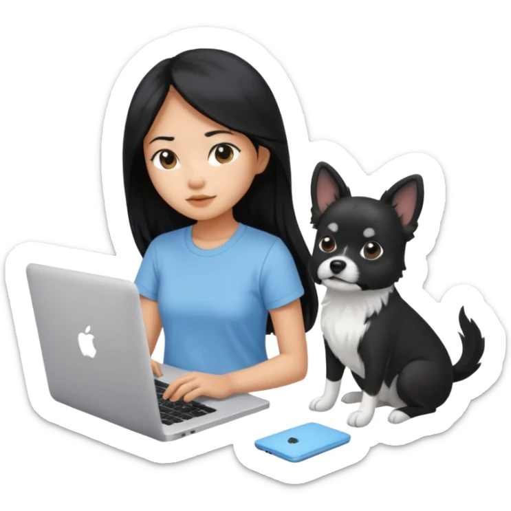 Asian girl with long black hair, wearing a light blue t-shirt, working on an Apple laptop, beside a small black and white dog sticker