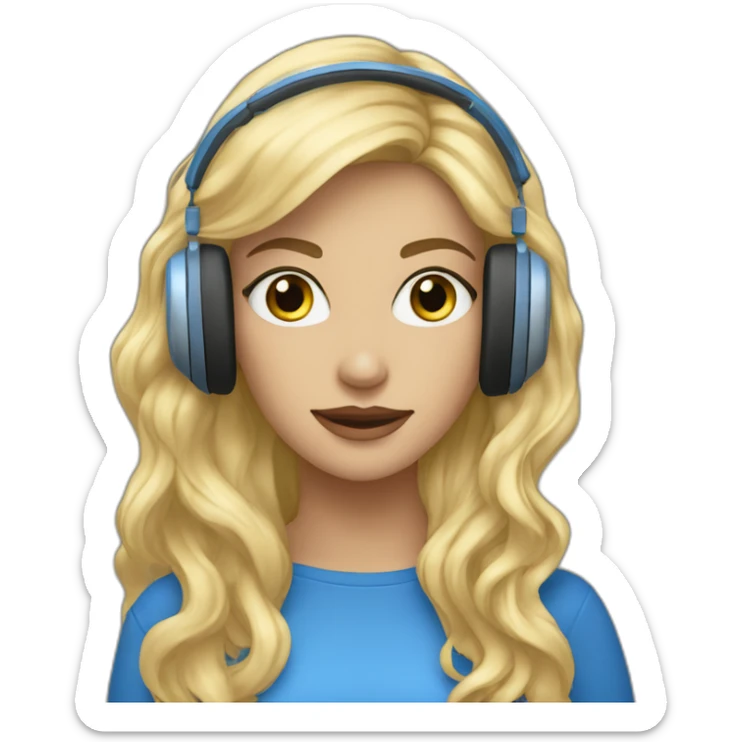 Femme, yeux bleus, cheveux longs et blonds, avec un casque musique sticker