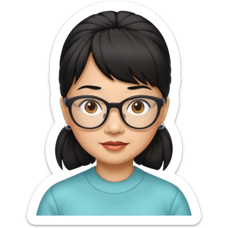 filipino woman black hair in pony tail with straight bangs and big glasses 50 yr old sticker