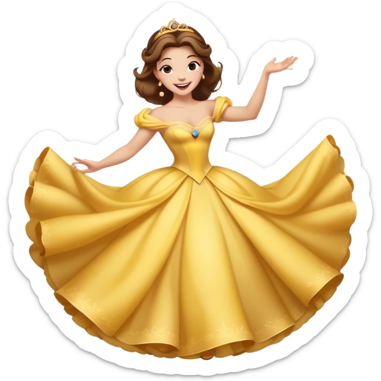 Cinematic Playful Belle Portrait Emoji, Spinning joyfully in her ball gown, arms outstretched, a radiant smile lighting up her face, exuding an enchanting blend of fun and elegance! sticker