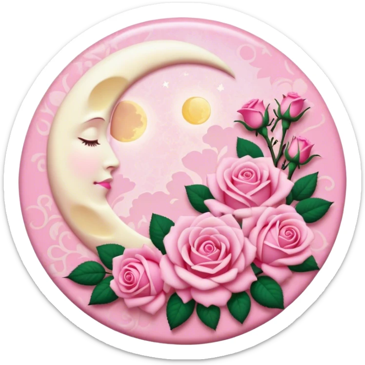 A round pink button with a light cream full damask moon and pink roses in the center sticker