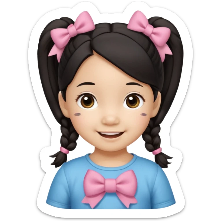 mixed toddler girl asian and american with bow pigtails, dark brown/black hair with big brown eyes emoji sticker