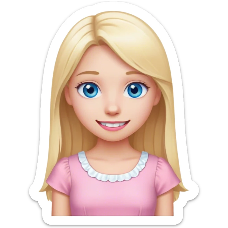 blonde girl with blue eyes with straight hair white teeth and a cute pink dress sticker