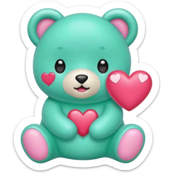 Oso gummy color verde agua  corazón rosa kawaii con cuerpo entero parado sticker