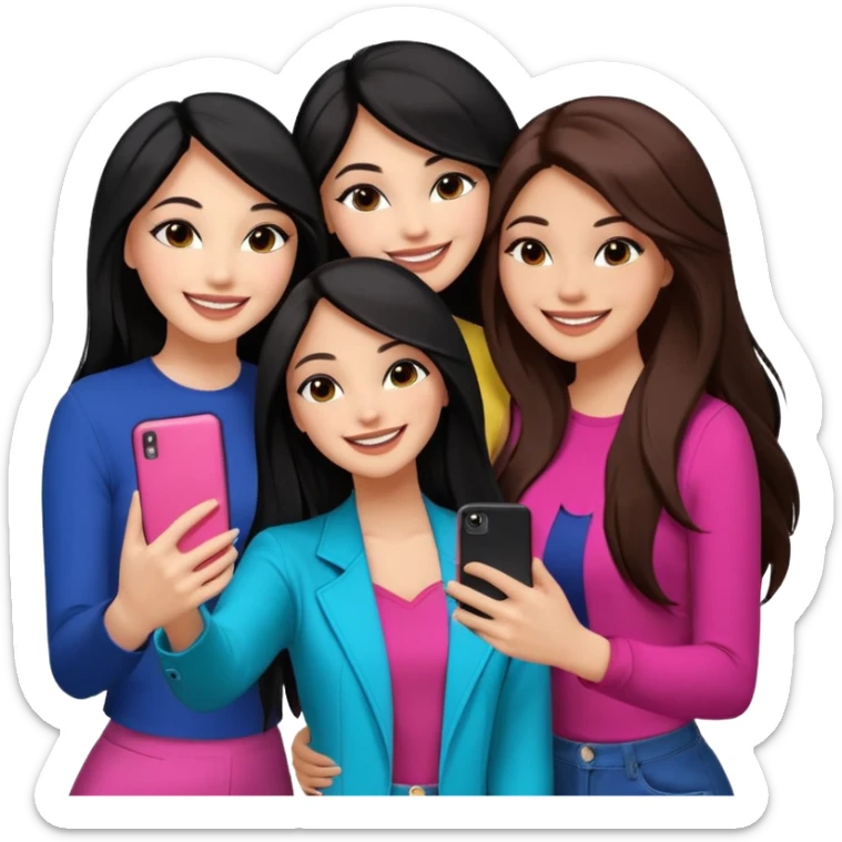 3 girl friends, one with black long hair light skin. one with brown hair long and the last girl one with black with brown medium length hair. Glammed up and hugging  and one talking a selfie and all of them smiling and looking girly all same skin tone  sticker