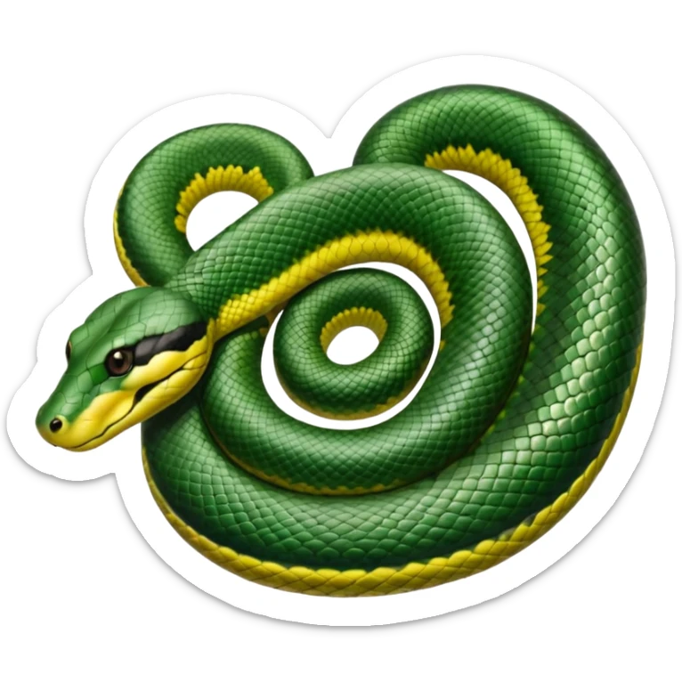 A photo-realistic top-down view of a Green Anaconda tightly coiled in a spiral, with its broad, flat head resting at the center. Its olive-green body is thick and muscular, patterned with symmetrical, bold black oval spots that flow along its smooth, glossy scales. sticker
