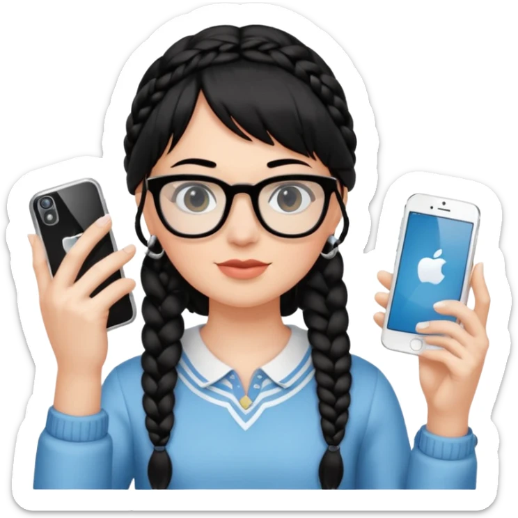 Black hair braided to one side, bangs, horn-rimmed glasses, and taking mirror selfies with iPhone white. Holding a phone to show the iPhone logo sticker