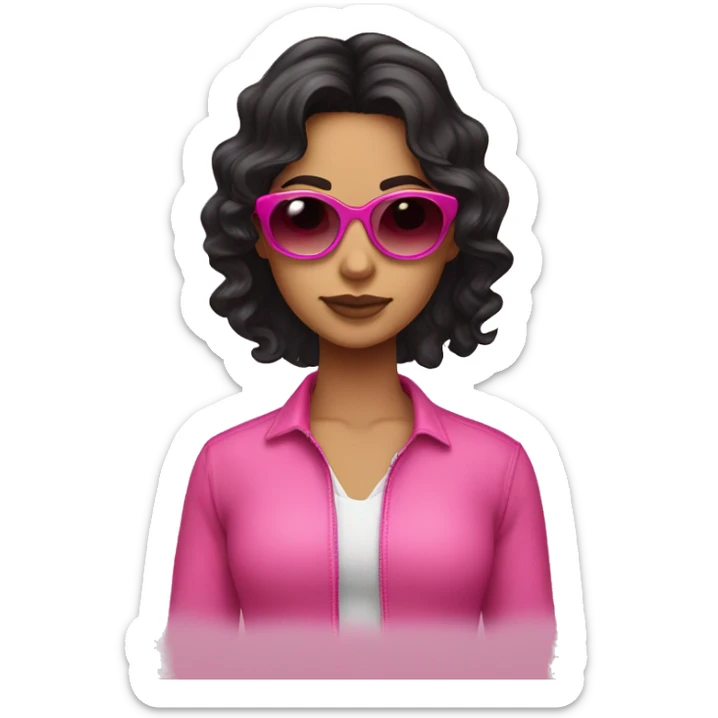A Hispanic girl with long black wavy hair and dark brown eyes and wearing pink sunglesses sticker