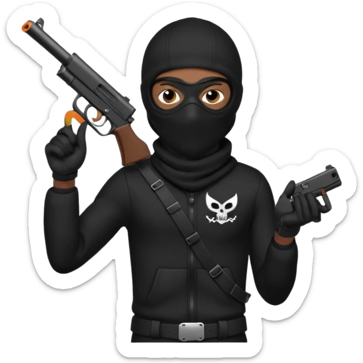 A young African male wearing a ski mask in full black clothing, holding a micro Draco gun in the air carelessly sticker