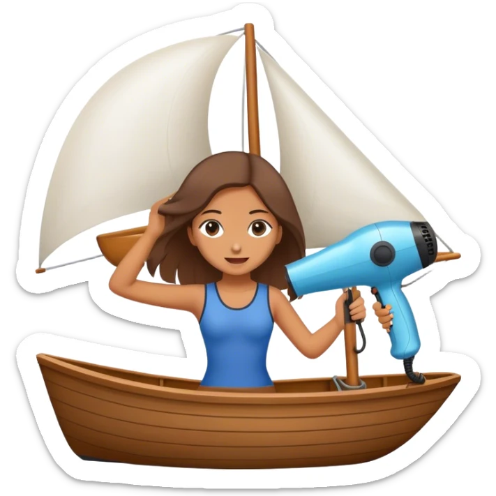 Girl using hair dryer to dry sail of boat sticker