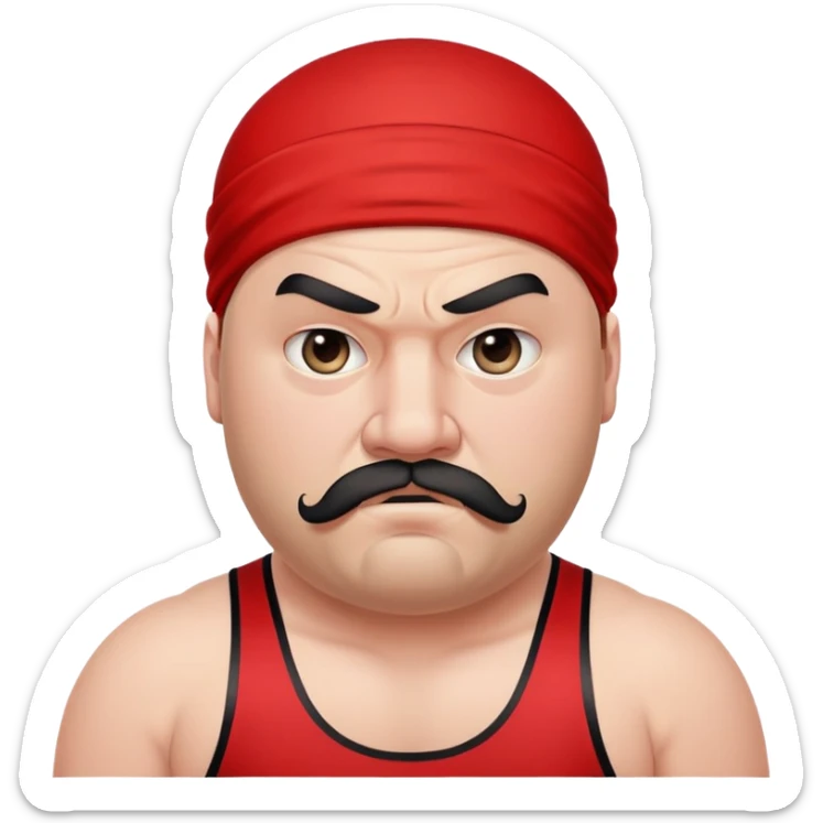 Close-up of very fat white skin guy with young face, beard and mustache, no muscle with prominent black durag, black eyes in a red and black wrestling singlet with angry face sticker
