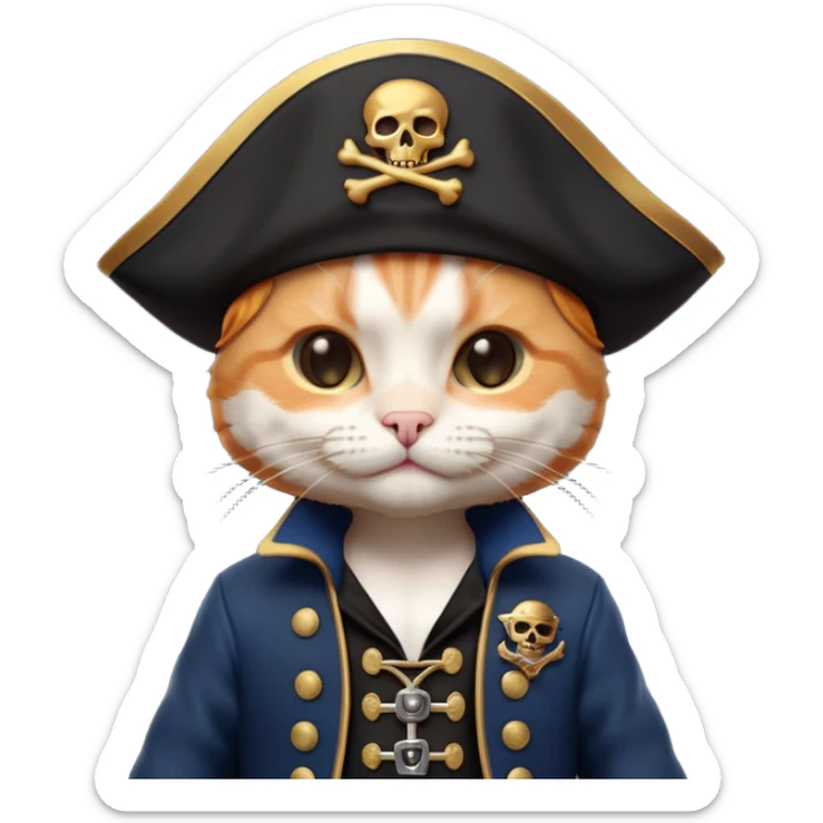 Premium 3D emoji icon of a cute ginger cat pirate, wearing a **deep navy blue** velvet pirate hat with a silver skull icon, and a black and gold captain's jacket. Glossy finish, claymorphism style, soft studio lighting, isolated on white background, 8k resolution, stylized professional look --v 6.0 sticker