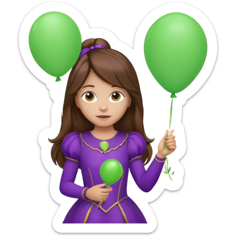girl with long brown hair and purple costumes, holding green balloon sticker