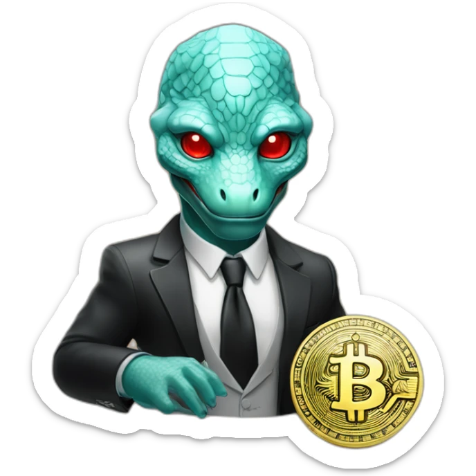 Aquamarine reptilian in classic black suite with red laser eyes on the middle of platinum coin sticker