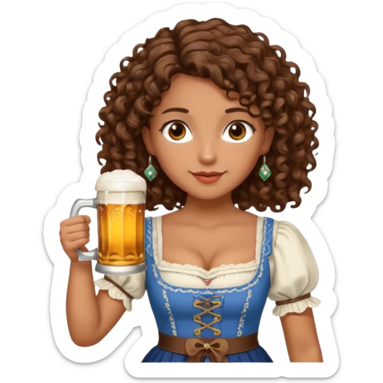 A woman with brown, shoulder-length curly hair and brown eyes she is wearing a dirndl and holding a beer stein sticker