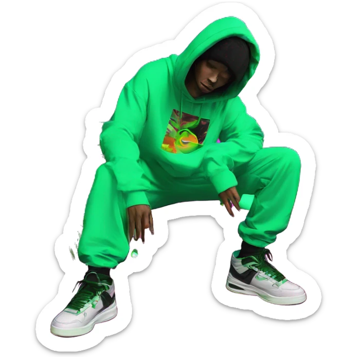 Multicoloured neon black and green graffiti person smoking wearing hoodie dancing hip hop bucket hat tropical Skater fashion aesthetic baggy clothes graphic t shirt 420 sticker