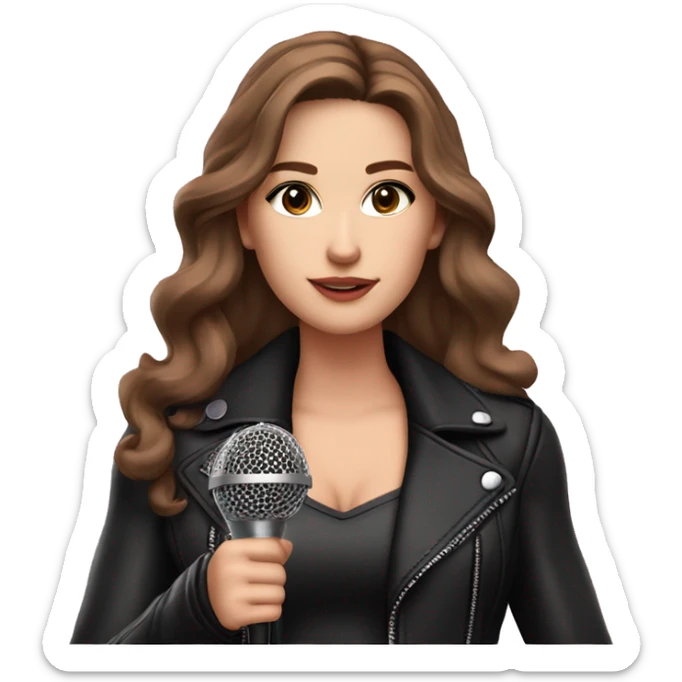 Pretty White Woman, Long Brown Wavy Hair, Brown Eyes, with black eyeshadow Wearing A Pink Dress and a Black Leather Jacket, holding a microphone  sticker