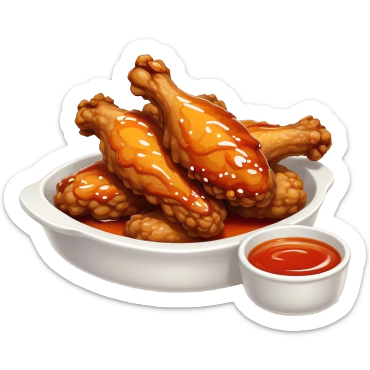Cinematic crispy chicken wings, golden-brown and glazed with spicy sauce, crunchy coating, juicy inside, piled high with dipping sauce on the side, ultra-realistic and mouthwatering, inviting and bold. sticker