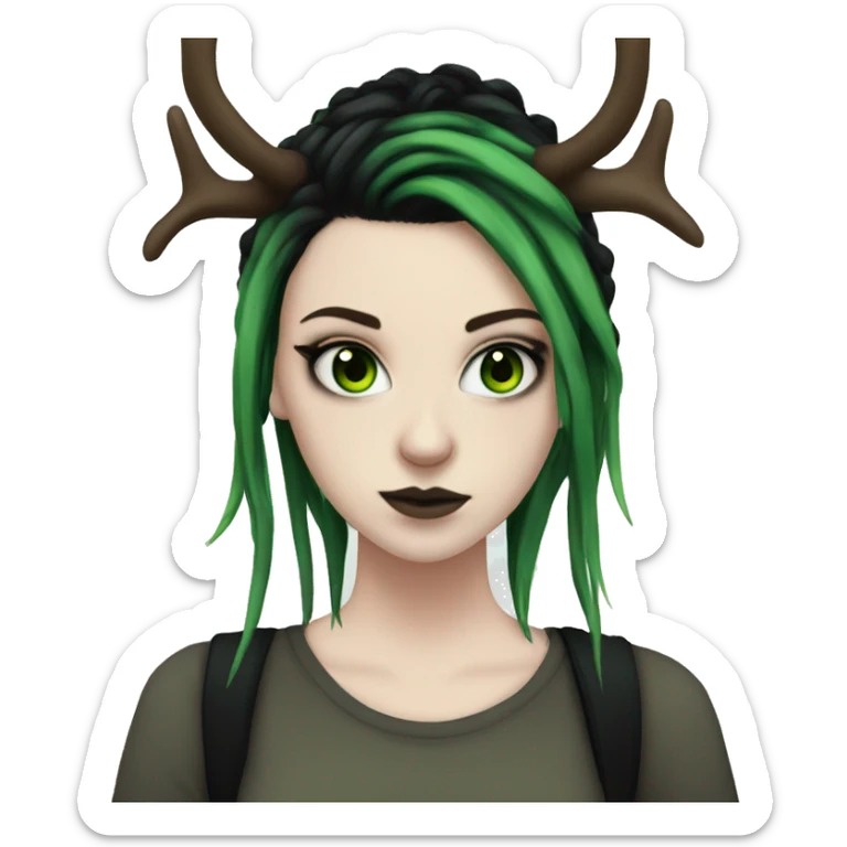 Emo girl, pale skin, green eyes, black dread-locks, eyeliner, deer antlers  sticker
