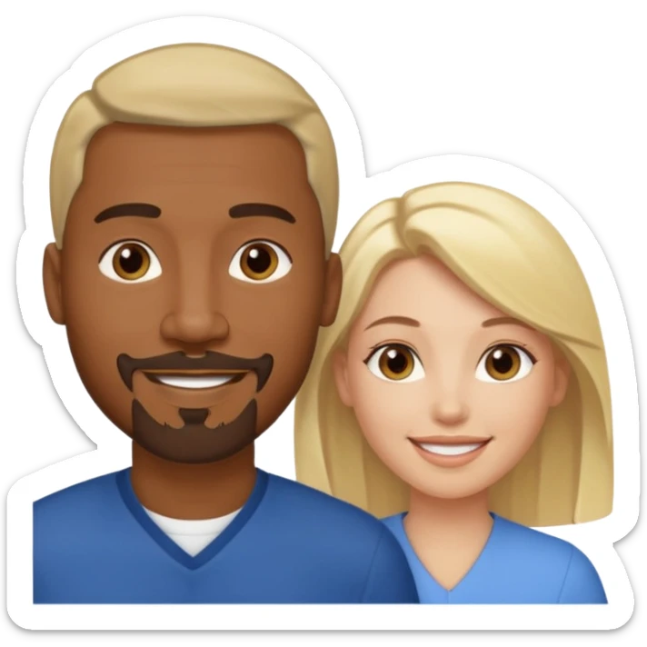 black man with goatee and white woman with blonde shoulder-length hair and brown eyes close together smiling sticker
