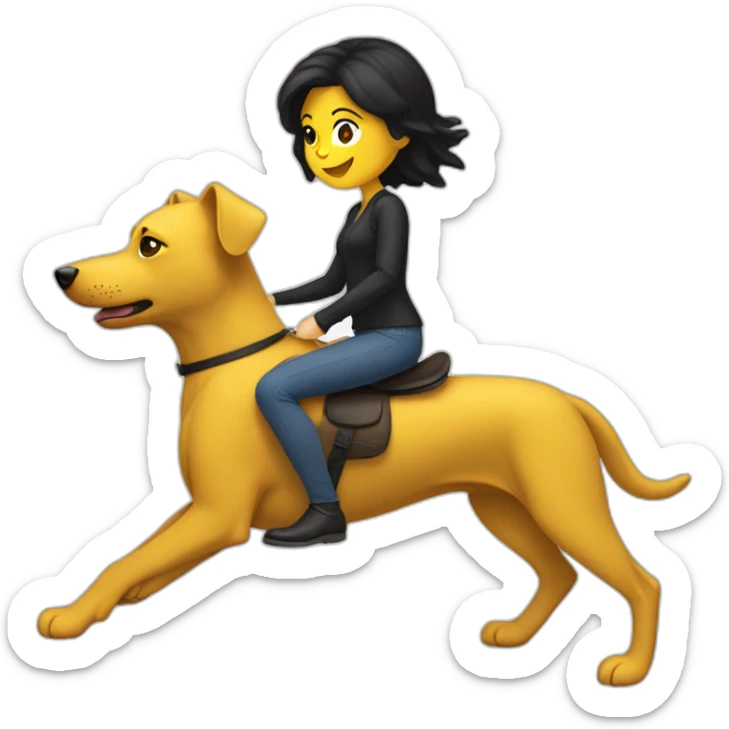 White woman with a black hair ridding a yellow dog sticker